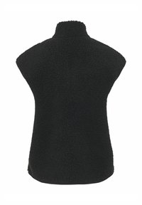 Melns vilnas veste ar augstu apkakli, mīkstu tekstūru un bez redzamām aizdarēm, ar piedurknēm un pieguļošu dizainu.