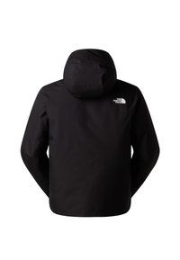 Μαύρο αδιάβροχο μπουφάν με κουκούλα, που δείχνει την πίσω πλευρά, με μικρό λευκό λογότυπο The North Face στον πάνω δεξιά ώμο.
