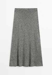 Jupe midi grise en maille avec une coupe en A et un motif texturé subtil, présentée à plat sur fond blanc.