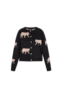 Mustassa neuletakissa on pitkät hihat, siinä on beige tiikeri-embroidointi, pyöreä pääntie ja etupainatus helppokäyttöisillä helmimäisillä napilla.