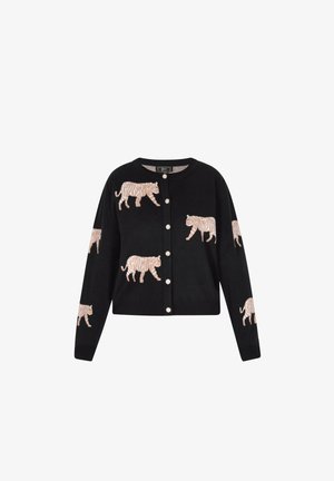 Čierny cardigan s dlhými rukávmi, zdobený béžovou tigrovou výšivkou, okrúhlym výstrihom a predným zapínaním na gombíky podobné perlám.