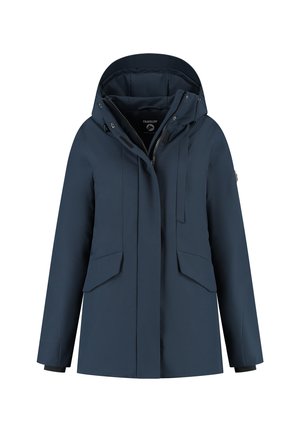 Veste imperméable navy avec deux poches frontales, une fermeture éclair, une capuche ajustable et une texture lisse. Dispose d'une étiquette de marque à l'intérieur.