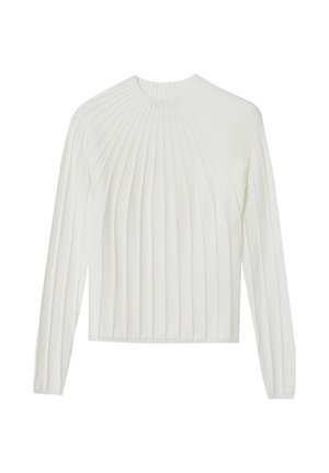 Weißer Pullover mit langen Ärmeln, vertikaler Rippstruktur, rundem Ausschnitt und figurnaher Silhouette. Weicher Stoff mit glatter Oberfläche.