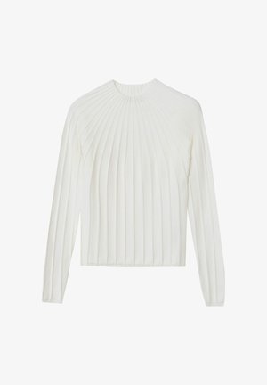Weißer Pullover mit langen Ärmeln, vertikaler Rippstruktur, rundem Ausschnitt und figurnaher Silhouette. Weicher Stoff mit glatter Oberfläche.