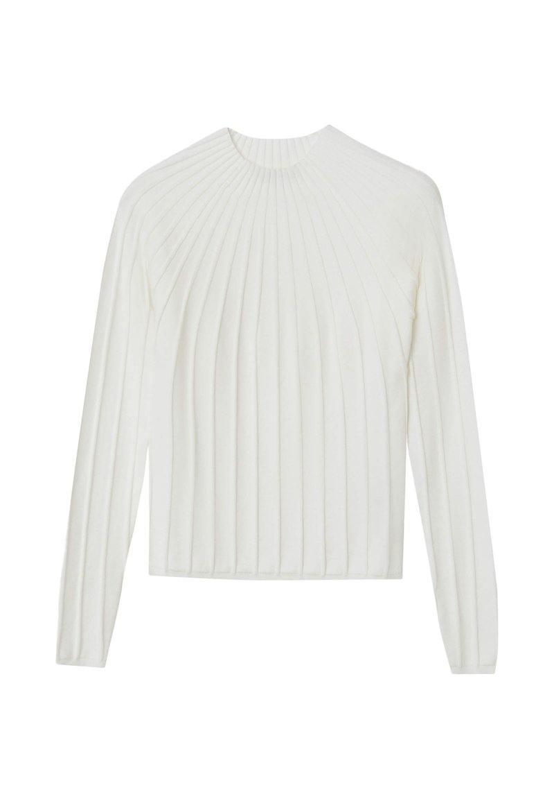 Maglione bianco a maniche lunghe con texture a righe verticali, scollatura rotonda e silhouette aderente. Tessuto morbido con una finitura liscia.