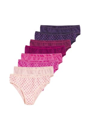 Seven pairs of women's underwear in shades of pink and purple, some with small heart patterns, arranged in a descending row.