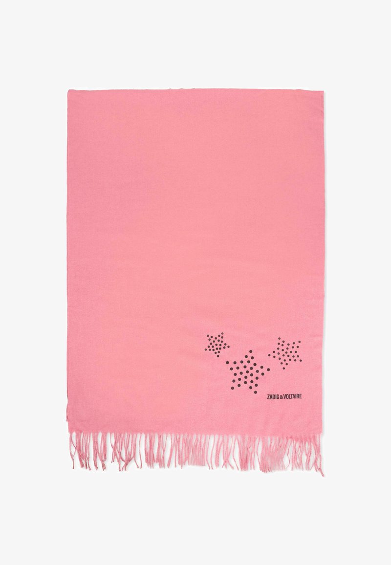 Sciarpa rettangolare rosa con bordi frangiati. Motivo a stelle nere e logo del marchio nell'angolo inferiore. Tessuto morbido, design leggero.