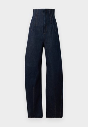 High-waisted dark denim jeans with wide legs, featuring prominent stitching, significant pockets, and a smooth texture.