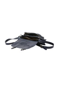 Borsa a tracolla in pelle blu con numerosi scomparti con cerniera, tracolla regolabile e una texture liscia. Presenta dettagli in metallo ottone.