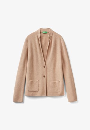 Light brown waffle-knit cardigan with two front pockets and two buttons, displayed flat on a white background.