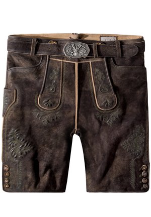 Brown leather shorts featuring decorative green embroidery, a silver belt buckle, and button accents on the sides. Textured and durable material.