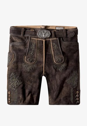 Brown leather shorts featuring decorative green embroidery, a silver belt buckle, and button accents on the sides. Textured and durable material.