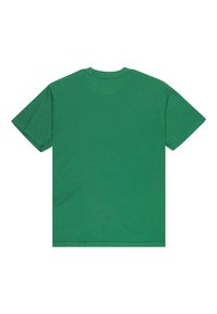 T-shirt vert uni à manches courtes et col rond, vu de dos sur un fond blanc.