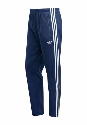 Μαύροι αθλητικοί παντελόνες σε μπλε ναυτικό χρώμα από απαλό ύφασμα, με τρεις λευκές κάθετες ρίγες στα πλευρά και μια τσέπη με φερμουάρ στο δεξί ισχίο.