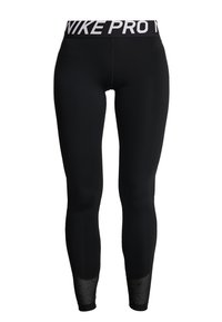 Svarta sporttights med ett brett vitt "NIKE PRO" midjeband, slät textur, figurnära design och en elegant svart nedre del med subtila mönster.