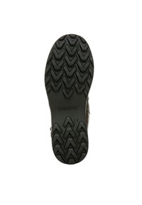 Semelle en caoutchouc noir avec un motif de bande de roulement en zigzag, présentant un marquage en relief et une légère courbe au niveau du talon pour une meilleure adhérence et un soutien accru.