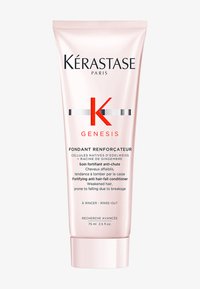 Kérastase Genesis haarconditioner tube, 75 ml, roze met zwarte en rode tekst, heeft een gladde textuur en een schone, moderne uitstraling.