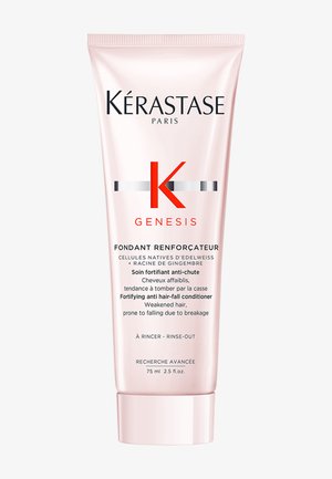 Kérastase Genesis haarconditioner tube, 75 ml, roze met zwarte en rode tekst, heeft een gladde textuur en een schone, moderne uitstraling.