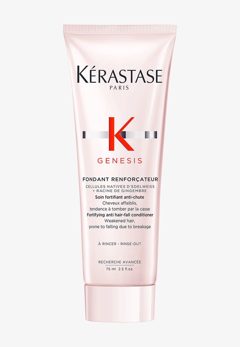 Kérastase Genesis haarconditioner tube, 75 ml, roze met zwarte en rode tekst, heeft een gladde textuur en een schone, moderne uitstraling.