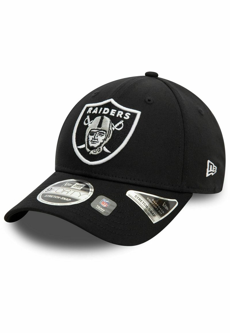 Black cap featuring the Raiders logo in white embroidery. Made of fabric with a curved brim, adjustable snapback, and various team tags.