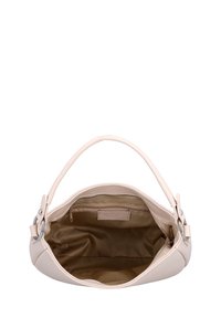 Kleine beige Handtasche mit einem einzigen Griff, offener Reißverschluss und sichtbarem braunem Innenfutter mit innerer Reißverschlusstasche.