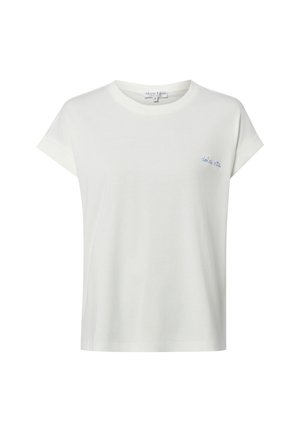 Biały T-shirt z krótkim rękawem, z podwiniętymi mankietami i małym niebieskim napisem "dolce vita" na lewej piersi.