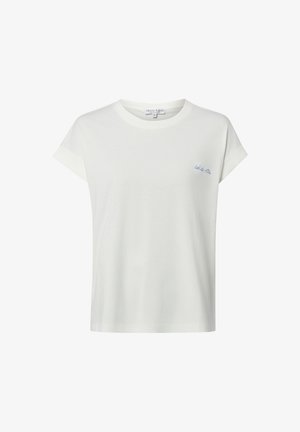 Biały T-shirt z krótkim rękawem, z podwiniętymi mankietami i małym niebieskim napisem "dolce vita" na lewej piersi.