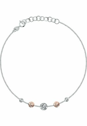 Zarte Silberkettenarmband mit fünf strukturierten Perlen in Silber- und Roségoldtönen, mit einem Karabinerverschluss und verstellbarer Länge.