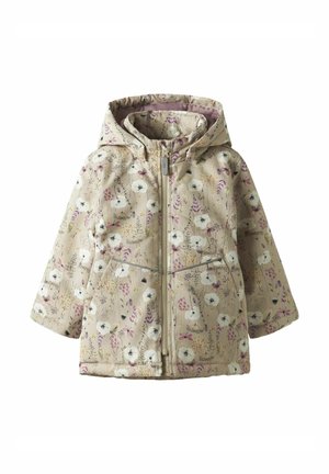 Beige Kinderjacke mit Blumenmuster und Kapuze, die weiße Blumen, lila Akzente und einen Frontreißverschluss aufweist. Wasserabweisendes Material.