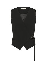 Čierna vesta bez rukávov s preloženým dizajnom, strihaná na mieru, s dvoma prednými vreckami a prackou na boku. Hladký materiál s matným povrchom.