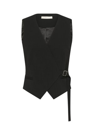 Juodas be rankovių liemenės su susukimo dizainu, siūtas pritaikytas kirpimas, dvi priekinės kišenės ir sagties detalė šone. Lygus audinys su matinio blizgesio apdaila.