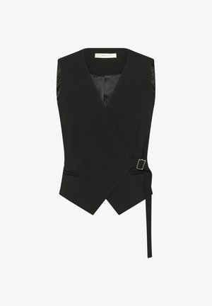 Chaleco sin mangas negro con diseño cruzado, corte entallado, dos bolsillos delanteros y detalle de hebilla en un costado. Material suave con acabado mate.