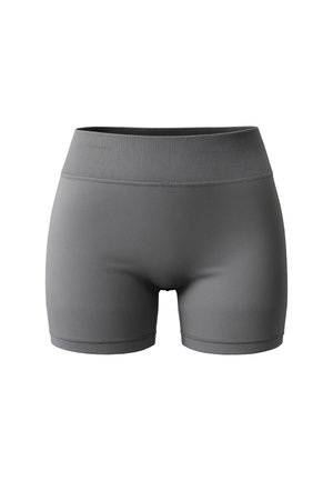 Pantaloni sportivi grigi con una texture liscia e una vita a coste. I pantaloni sono aderenti, con una lunghezza fino a metà coscia e dettagli di cucitura puliti.