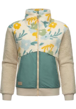 Giacca in pile con motivo floreale in crema, giallo, verde e blu nella parte superiore; pannello inferiore in teal uniforme; chiusura con zip e polsini a coste.
