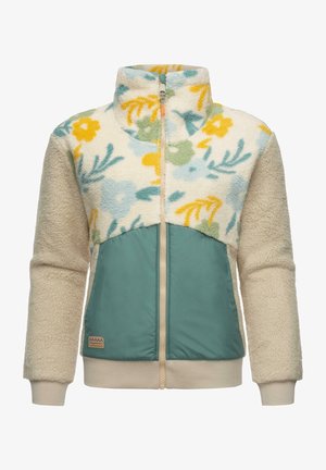 Giacca in pile con motivo floreale in crema, giallo, verde e blu nella parte superiore; pannello inferiore in teal uniforme; chiusura con zip e polsini a coste.