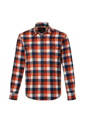 Plaid shirt in red, navy, and white; long sleeves, button-up style, two chest pockets, and curved hem. Made of soft fabric with a flannel texture.