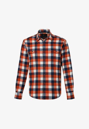 Karierte Hemd in Rot, Marineblau und Weiß; lange Ärmel, Knopfverschluss, zwei Brusttaschen und abgerundetem Saum. Hergestellt aus weichem Stoff mit einem Flanell-Textur.