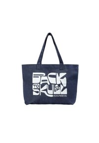 Sac en toile bleu avec du texte blanc indiquant "BACK TO SKULL", doté de deux poignées et d'un design carré.