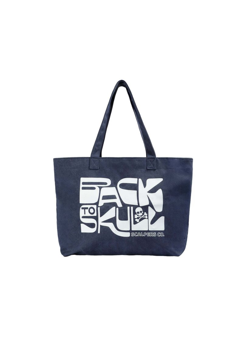 Sac en toile bleu avec du texte blanc indiquant "BACK TO SKULL", doté de deux poignées et d'un design carré.