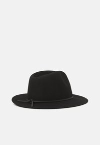 Black felt fedora hat with a wide brim, rounded crown, and a thin, tonal leather band around the base. Smooth texture, no patterns.