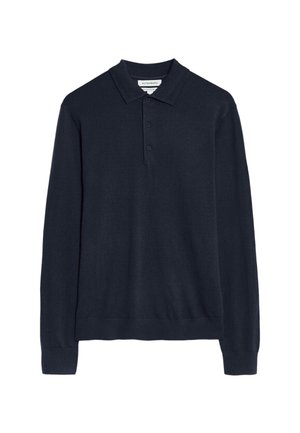 Polo à manches longues marine, en mélange de coton, avec un col classique, patte de boutonnage à trois boutons et poignets et ourlet côtelés.