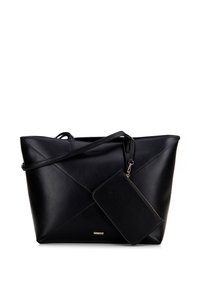 Bolso tote de cuero negro con un diseño geométrico y una billetera desmontable. Cuenta con asas dobles y una correa de hombro desmontable.