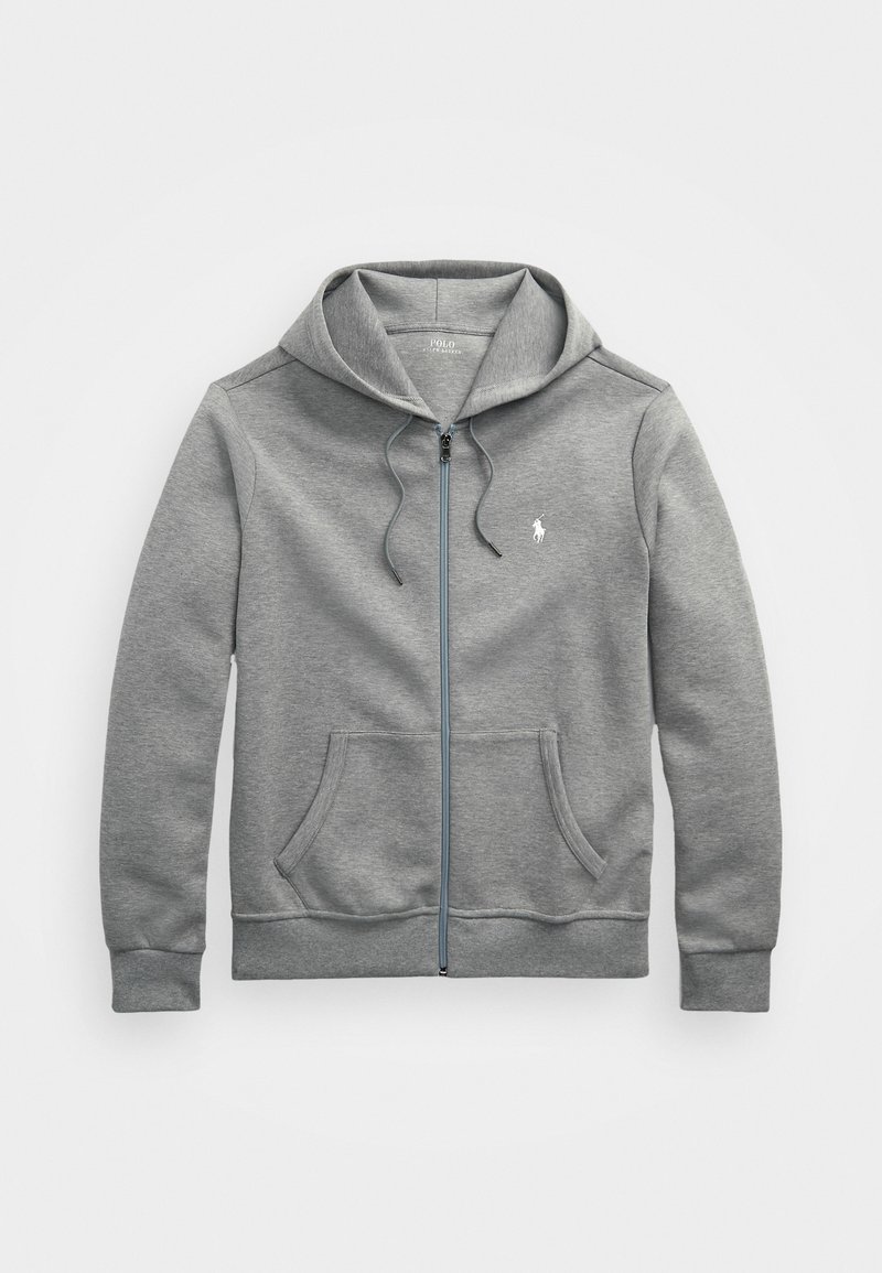 Vaaleanharmaa vetoketjullinen huppari, jossa on kiristysnyörit, etutaskut ja pieni valkoinen Polo Ralph Lauren -logo vasemmassa rinnassa, aseteltu litteäksi valkoiselle taustalle.