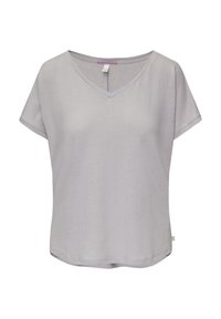 T-shirt pour femme à manches courtes et col en V de couleur gris clair, avec une petite étiquette sur le côté et un ourlet légèrement arrondi.