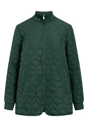 Chaqueta acolchada en verde oscuro con cuello alto, cierre frontal y dos bolsillos laterales. Presenta un patrón de diamantes texturizado y puños acanalados.