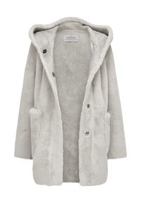 Hellgrau, Kunstfell-Haubenmantel mit zwei vorderen Taschen, strukturiertem Finish und Knopfverschluss; weiche Innenauskleidung.