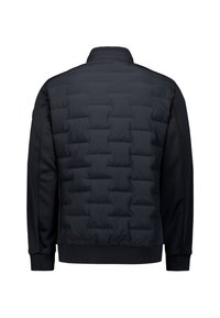 Zwarte pufferjack met een quilted textuur op de bovenhelft, gladde mouwen en een opstaande kraag. Elastische manchetten en zoom.