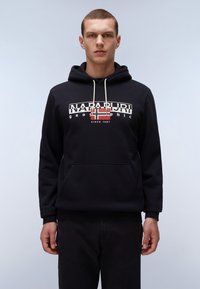 Navy hoodie sweatshirt with a drawstring, a front pocket, and a graphic logo featuring a Nordic flag and text, made from soft material.