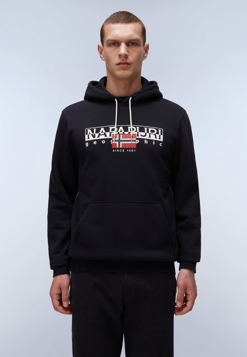 Navy hoodie sweatshirt with a drawstring, a front pocket, and a graphic logo featuring a Nordic flag and text, made from soft material.