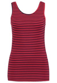 Punainen ja laivastonsininen raidallinen hihaton paita, jossa on pyöreä kaula-aukko, valmistettu pehmeästä materiaalista, jossa on vaakaraitoja ja kapea malli.